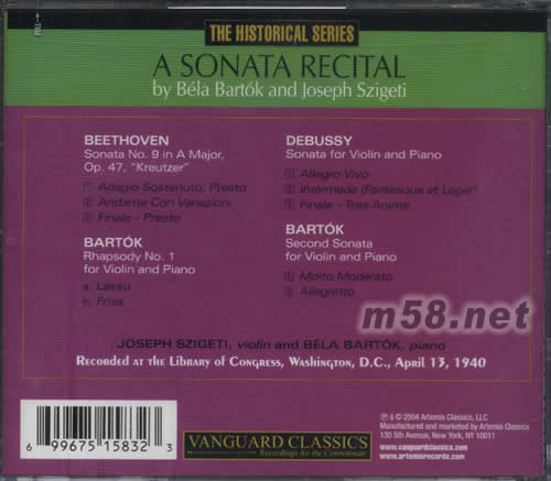 A SONATA RECITALBY约瑟夫·西盖蒂小提琴 BELA BARTOK钢琴专辑背面图片