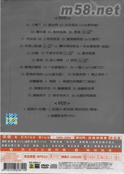 伍佰&CHINA BLUE1999-2000真世界演唱会全纪录DVD专辑背面图片