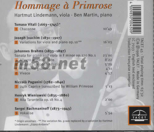 真空管的荣耀-中提琴狂想曲 HOMMAGE A PRIMROSE专辑背面图片