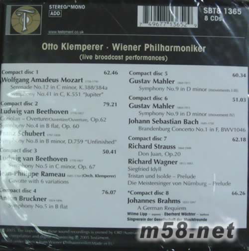 TESTMENT Live Broadcast Performances 指挥 Klemperer(8CD套装)专辑背面图片