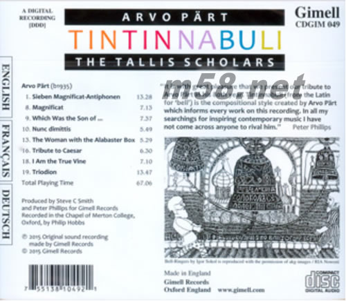 Tintinnabuli ARVO PART THE TALLIS SCHOLARS专辑背面图片