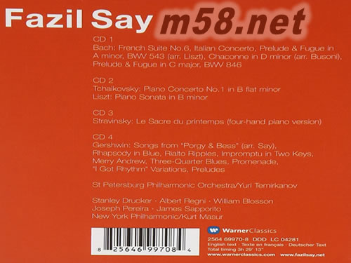 BACH, TCHAIKOVSKY, LISZT, STRAVINSKY, GERSHWIN钢琴家法佐赛依四张华纳经典专辑套装专辑背面图片