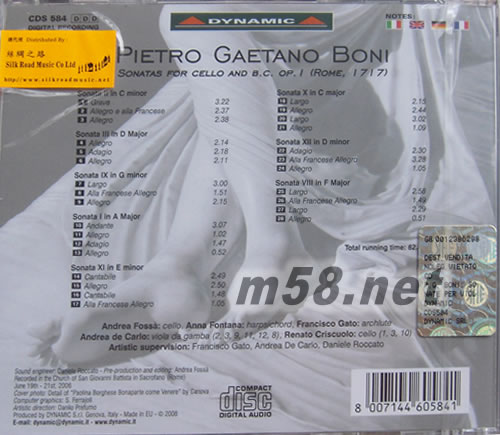 Pietro Gaetano Boni Sonatas for Cello and Basso Continuo Op.1 邦尼 大提琴及通奏低音奏鸣曲作品1专辑背面图片