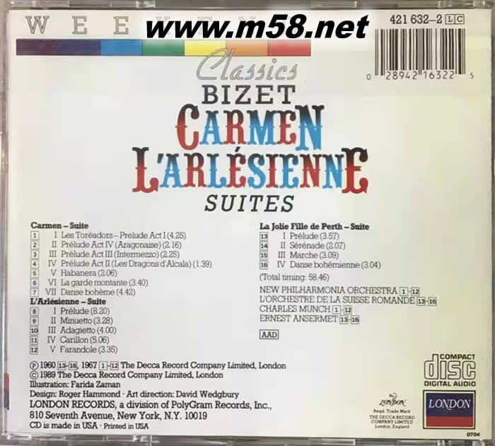 比才 卡门组曲、阿莱城姑娘组曲 CLASSICS BIZET CARMEN LARLESIENNE专辑背面图片