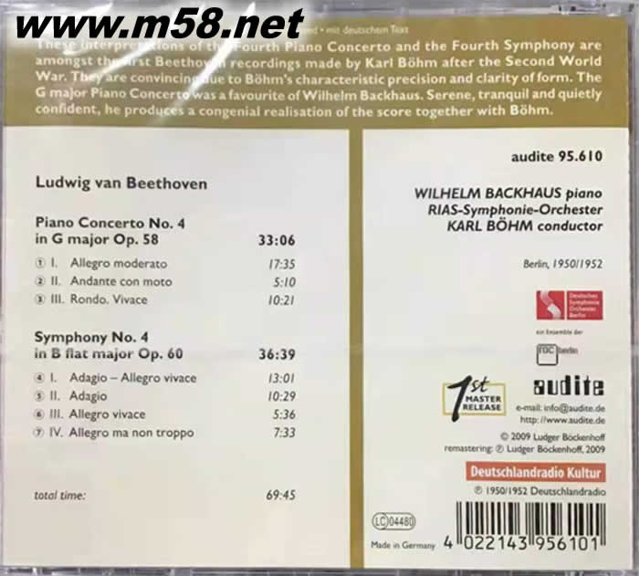 贝多芬: 第四号钢琴协奏曲/ 第四号交响曲Beethoven: Piano COncerto No. 4/ Symphony No. 4专辑背面图片